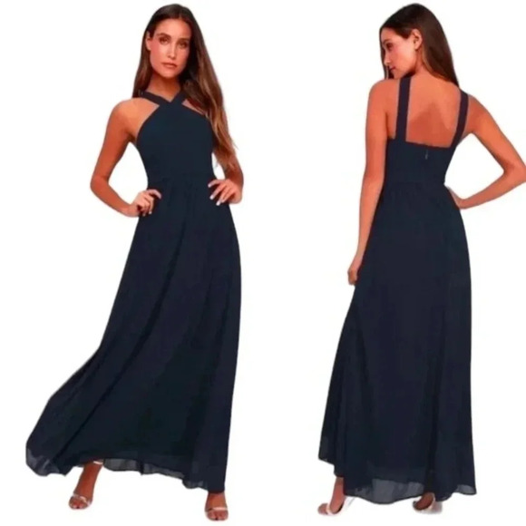 Moving Sale 💘 Lulu's Air Of Romance Dress Size L Navy Blue Maxi Halter Lined - Picture 1 of 7